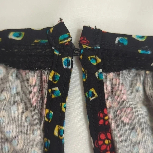 Loft Floral Lace Trim Smocked Cuff Blouse, Color Black/Turquoise/Red Size SP - Picture 11 of 15